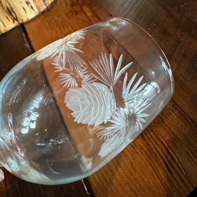 Sale Photo Thumbnail #840: Set of 10 Wine Glasses & Carafe w Etched Pine Cones