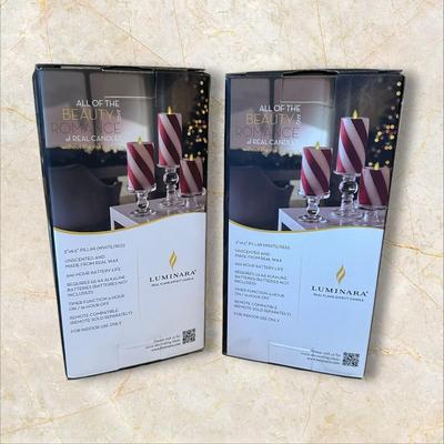 Sale Photo Thumbnail #853: 2 New Luminara Candy Striped Flame Effect Candles
Pillar candle size 3" x 6.5"
Made from real wax.