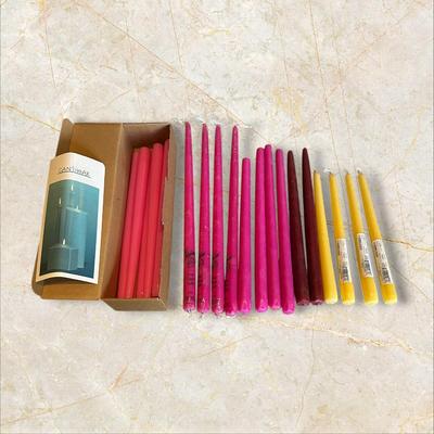 Sale Photo Thumbnail #864: Lot of Pink, Maroon, and Yellow Taper Candles- some by Patrician, mixed new and used