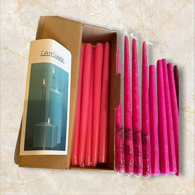 Sale Photo Thumbnail #865: Lot of Pink, Maroon, and Yellow Taper Candles- some by Patrician, mixed new and used