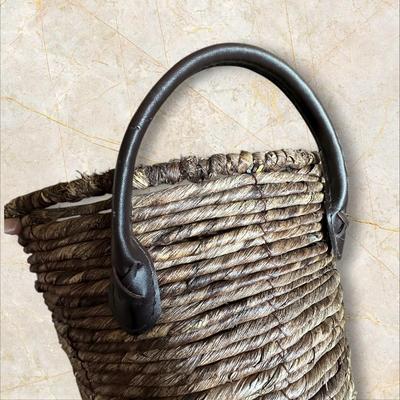 Sale Photo Thumbnail #909: Woven Basket with Leather Strap Handles 15" Wide
