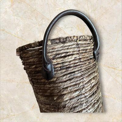 Sale Photo Thumbnail #913: Woven Basket with Leather Strap Handles 15" Wide