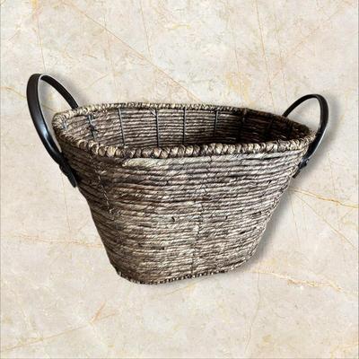 Sale Photo Thumbnail #910: Woven Basket with Leather Strap Handles 15" Wide