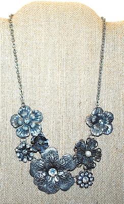 Brushed Silver Colored 7 FLOWERS NECKLACE with Jewel Accent Stones and Circle Style Clasp 18" L x 5" W