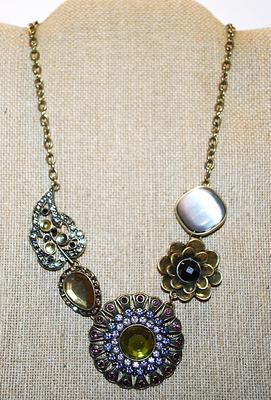 Beautiful 5 "Piece" NECKLACE with Multi-Color Shapes, Stones, Flowers, Teardrops & Circles on a Gold Tone Chain and Lobster...