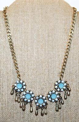 Very Pretty Robin's Egg BLUE NECKLACE with 5 "Flowers" and Triple Metal Dangles and Gold Tone Chain and Lobster Clasp...