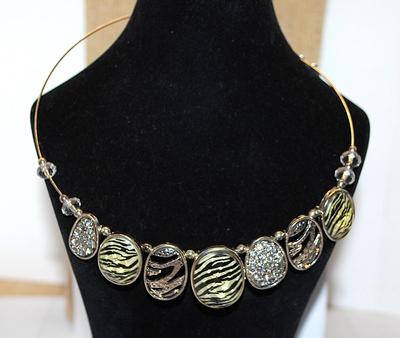 Stiff Wired JEWELED & TIGER STYLE NECKLACE with Oblong Disks on a Silver Tone Band 5" Diameter ADJUSTABLE