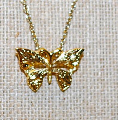 Brash Bright Gold Tone BUTTERFLY PENDANT (1") with a Brass Colored Necklace Chain 17" L