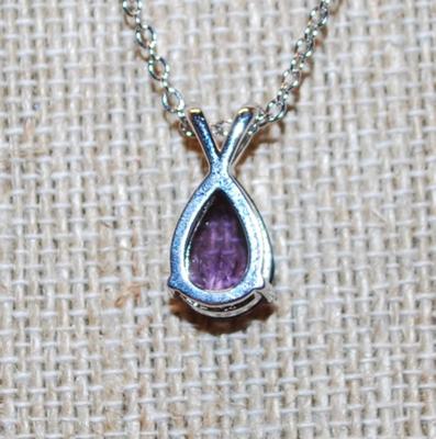 Deep Purple Pear Shape Double Hooked PENDANT (½" x ½") on a Silver Tone Necklace Chain 17" L