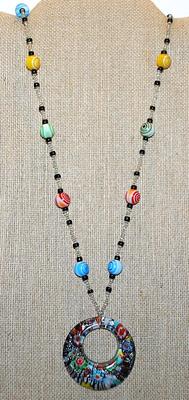Acrylic "FLOWERS & FOREST" Multicolor RING NECKLACE with Colored Globes Accent Beads and Lobster Clasp 32" L