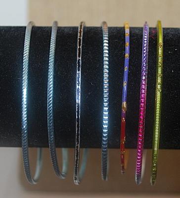 Collection of 7 Thin Multi-Color BANGLE BRACELETS (2½" Opening) in Blues, Greens, Reds and Black