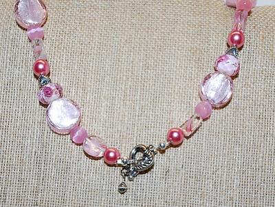 Ceramic PINK RIBBON NECKLACE with "Rose Filled" Bead Accents, Disks, Hearts and HEART Toggle Clasp 24" L