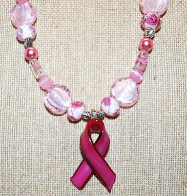 Ceramic PINK RIBBON NECKLACE with "Rose Filled" Bead Accents, Disks, Hearts and HEART Toggle Clasp 24" L