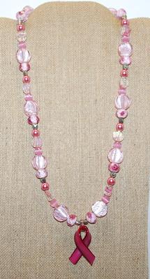 Ceramic PINK RIBBON NECKLACE with "Rose Filled" Bead Accents, Disks, Hearts and HEART Toggle Clasp 24" L