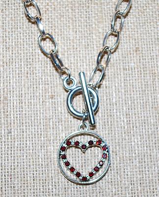 Bejeweled RED & CLEAR STONES HEART PENDANT NECKLACE Set in a Silver Tone CIRCLE and Thin Link Chain & TOGGLE CLASP 20" L