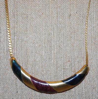 Red, Black & Gold CURVED BAR NECKLACE with Gold Tone Snake-Link Style Chain and Lobster Clasp 16" L