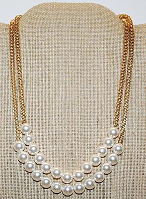 Beautiful Gold Colored ROPE & 26 Faux PEARLS NECKLACE with Cylinder Ends and a Lobster Clasp 18" L