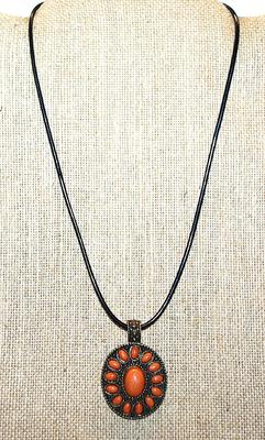 Beautiful Oval ORANGE CABOCHON PENDANT (1¾" x 1¼") NECKLACE With Black ROPE Chain & Lobster Clasp 18" L