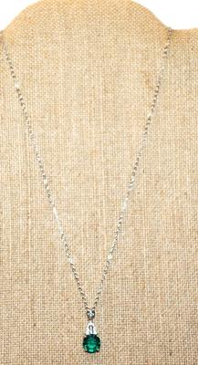 Round Green Stone & Clear Stones Crown Top PENDANT (¾" x ¼") on a Silver Tone Necklace Chain 18" L
