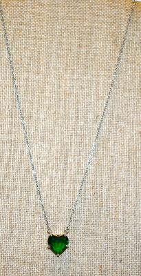Double Hooked Green HEART Stone PENDANT (½" x ½") on a Silver Tone Necklace Chain 18" L