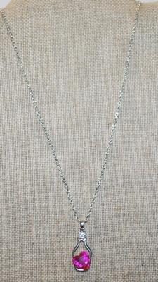 Magenta Pink HEART Stone PENDANT (1¼" x ¾") in a Silvery Bottle on a Silver Tone Necklace Chain 22" L