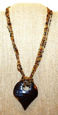 Large Knotted Pointed PENDANT (2½" x 2") on a Multi-Strand Brown Beaded Necklace 22" L