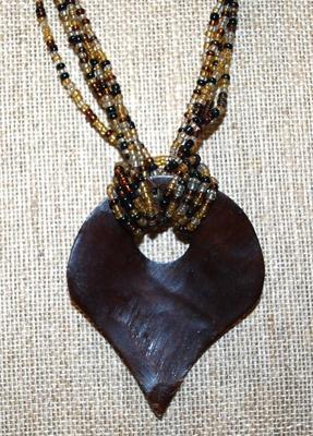 Large Knotted Pointed PENDANT (2½" x 2") on a Multi-Strand Brown Beaded Necklace 22" L