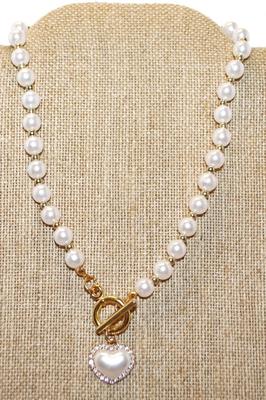 Faux Pearls & Pearl Styled Heart Necklace Choker & PENDANT (¾" x ½") with Toggle Clasp 12" L
