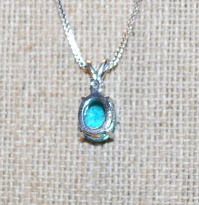 Double Hook Oval Cut Blue Stone PENDANT (¾" x ½") on a Silver Tone Necklace Chain 18" L