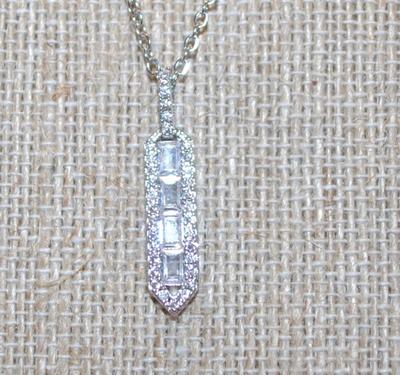 Clear Stones Parallelogram PENDANT (1¼" x ¼") on a Silver Tone Necklace Chain 17" L
