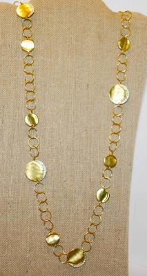 Gold Hammered Discs Wrap-a-Round Necklace with Half-Moon Clear Stones on Each Disc 40" L