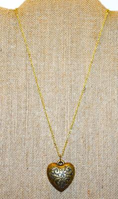 CLOSED Graphic Designed "Puffy" Heart Locket PENDANT (1¼" x 1") on a Gold Tone Adjustable Necklace Chain...