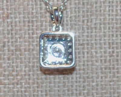Clear Round Center Stone PENDANT (¾" x ½") on a Square Accented Setting with a Silver Tone Necklace Chain 17" L