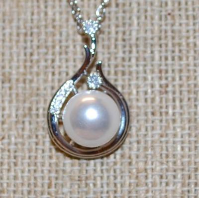 Faux White Single Pearl Cradle Style Setting PENDANT (1" x ½") with Sparkle Accent Stones on a Silver Tone Necklace Chain...