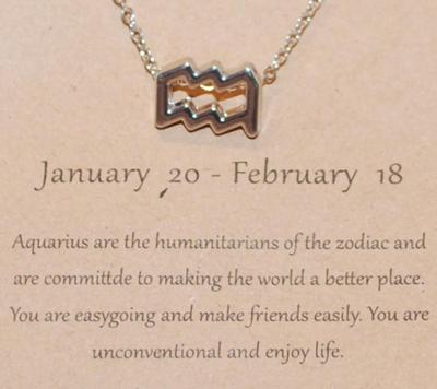 "Aquarius" Zodiac PENDANT (½" x ¼") on a Silver Tone Necklace Chain 14" L