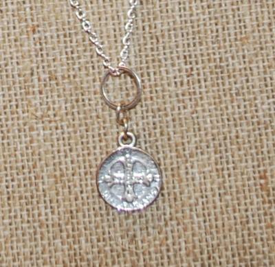 Small Saint's Medal Style PENDANT (¼" Diam.) on a Silver Tone Necklace Chain 18" L