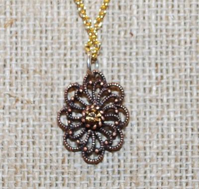 Small Swirled Brown PENDANT (¾" x ½") with Brown/Amber Center Stone on a Gold Tone Necklace Chain 18" L