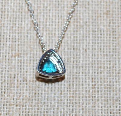 Curved Trillion Cut Blue Stone PENDANT (½" x ½") with Surrounds on a Silver Tone Necklace Chain 17" L
