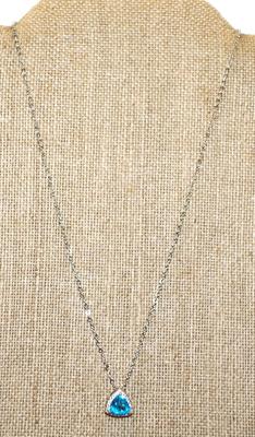 Curved Trillion Cut Blue Stone PENDANT (½" x ½") with Surrounds on a Silver Tone Necklace Chain 17" L