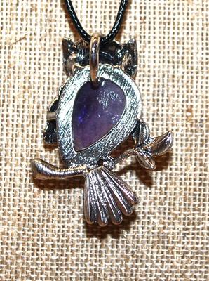 Crackled Purple Belly Owl PENDANT (2" x 1½") with Black Eyes on a Black Rope Necklace Chain 18" L