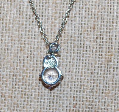 Round Clear Stone with Spaces and Small Stone PENDANT (¾" x ¼") on a Silver Tone Necklace Chain 17" L