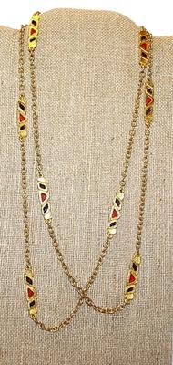 Long Colorful Wrap-Around Necklace Chain with Amber & Red Glass Stone Sections with Barrel Lock Closure 44" L