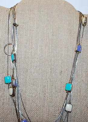 Long Wrap-Around Necklace with Double-Sided Lavender, Aquamarine & White Ceramic Squares on Silver Tone Chain and Lobster Clasp...