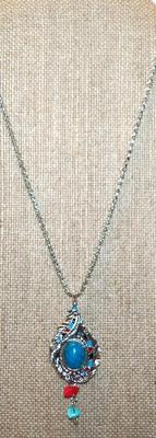 Colorful Tribal Style PENDANT (2½" x 1¼") with a Jade-Like Oval Stone on a Silver Tone Necklace Chain 24" L
