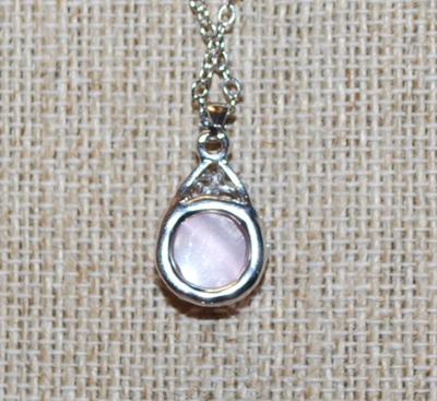 Pink & Purple Round Opaque Stone PENDANT (¾" x ½") with a Graphic Designed Setting on a Silver Tone Necklace Chain 18" L