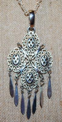 All Silver Tone Large Dangles PENDANT (4" x 2") on a Silver Tone Necklace Chain 19" L