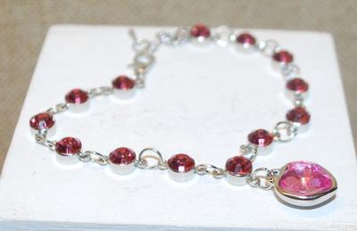 Large Pink HEART Stone Bracelet (8" L) with 13 Round Magenta Stones & Lobster Style Clasp