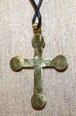 Shiny Gold Tone Cross PENDANT (3" x 2¼") with 4 Jade Style Globes on a Black Rope Necklace Chain 18"