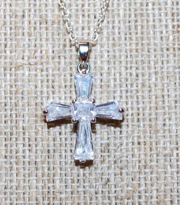 Clear Acrylic Cross PENDANT (¾" x ¾") on a Silver Tone Necklace Chain 18" L