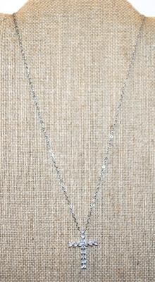 14 Clear Stones Cross PENDANT (1¼" x ¾") on a Silver Tone Necklace Chain 17" L